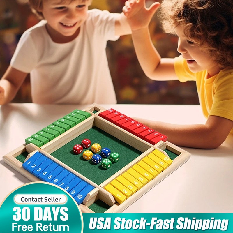 Wooden 4 Player Shut The Box Board Game with Dice Family Party Tabletop Toy