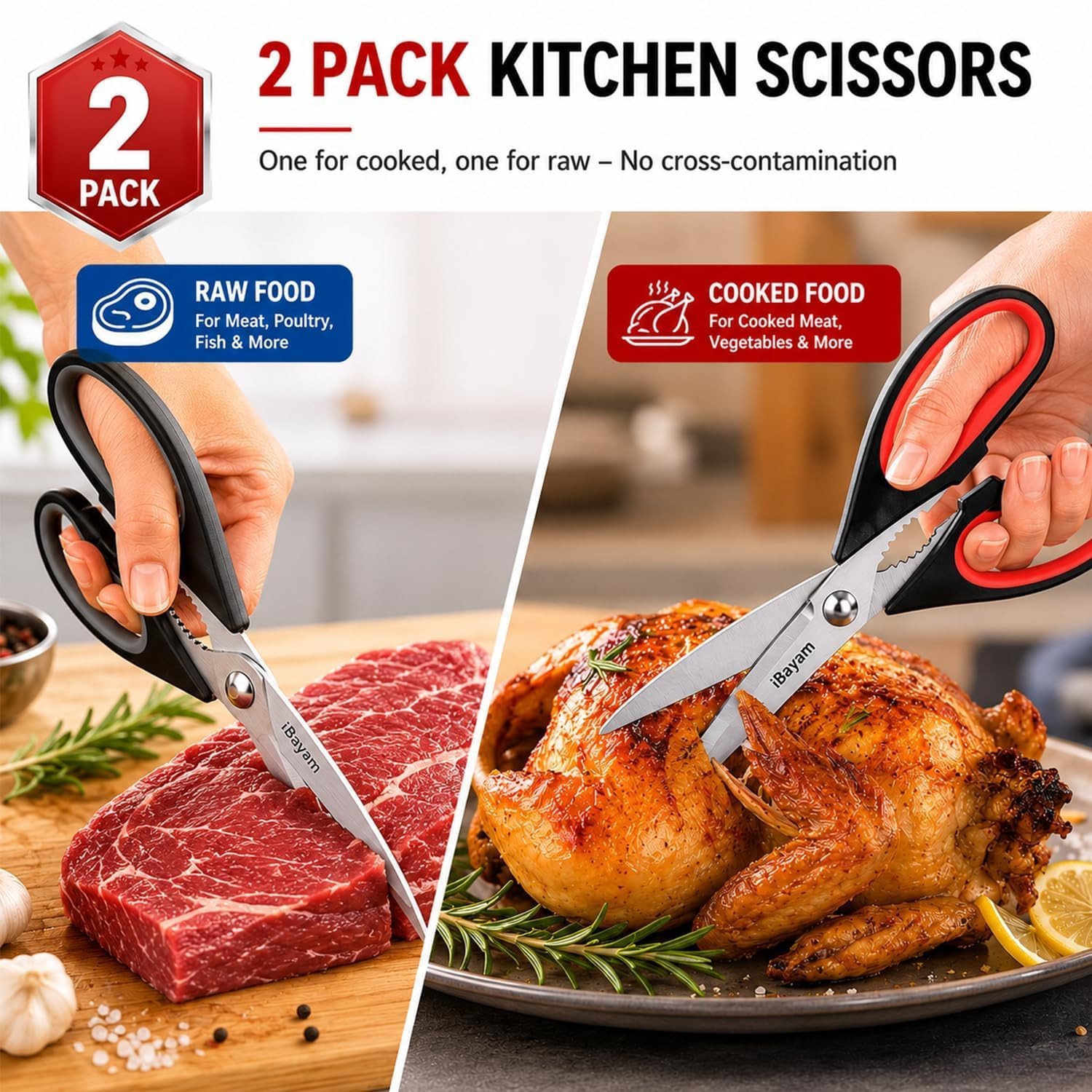 iBayam Kitchen Scissors Shears All Purpose 2-Pack, Black Red, Gray