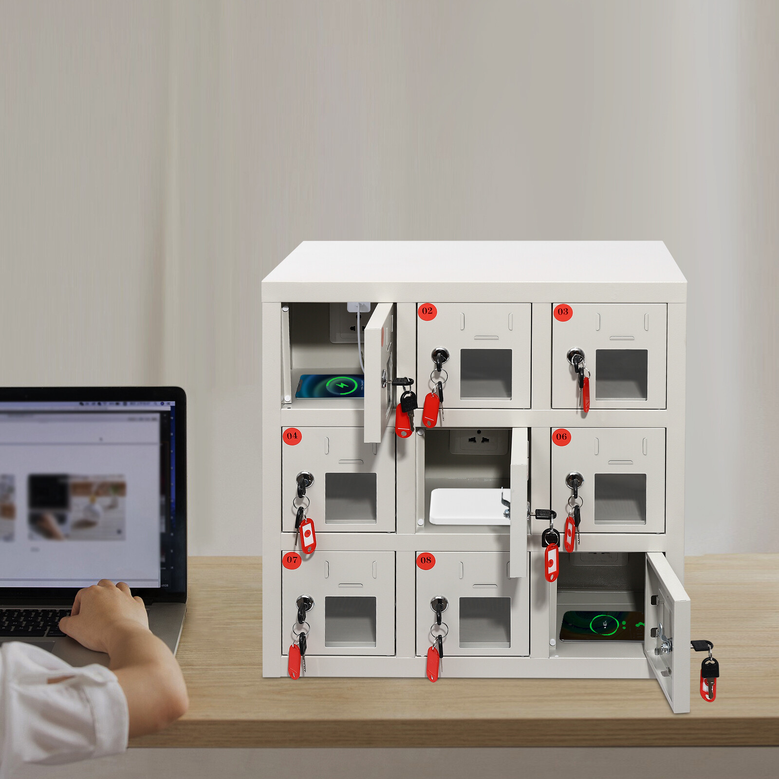 9 Slots Aluminum Alloy Cell Phones Storage Cabinet Wall Mounted Or Freestanding