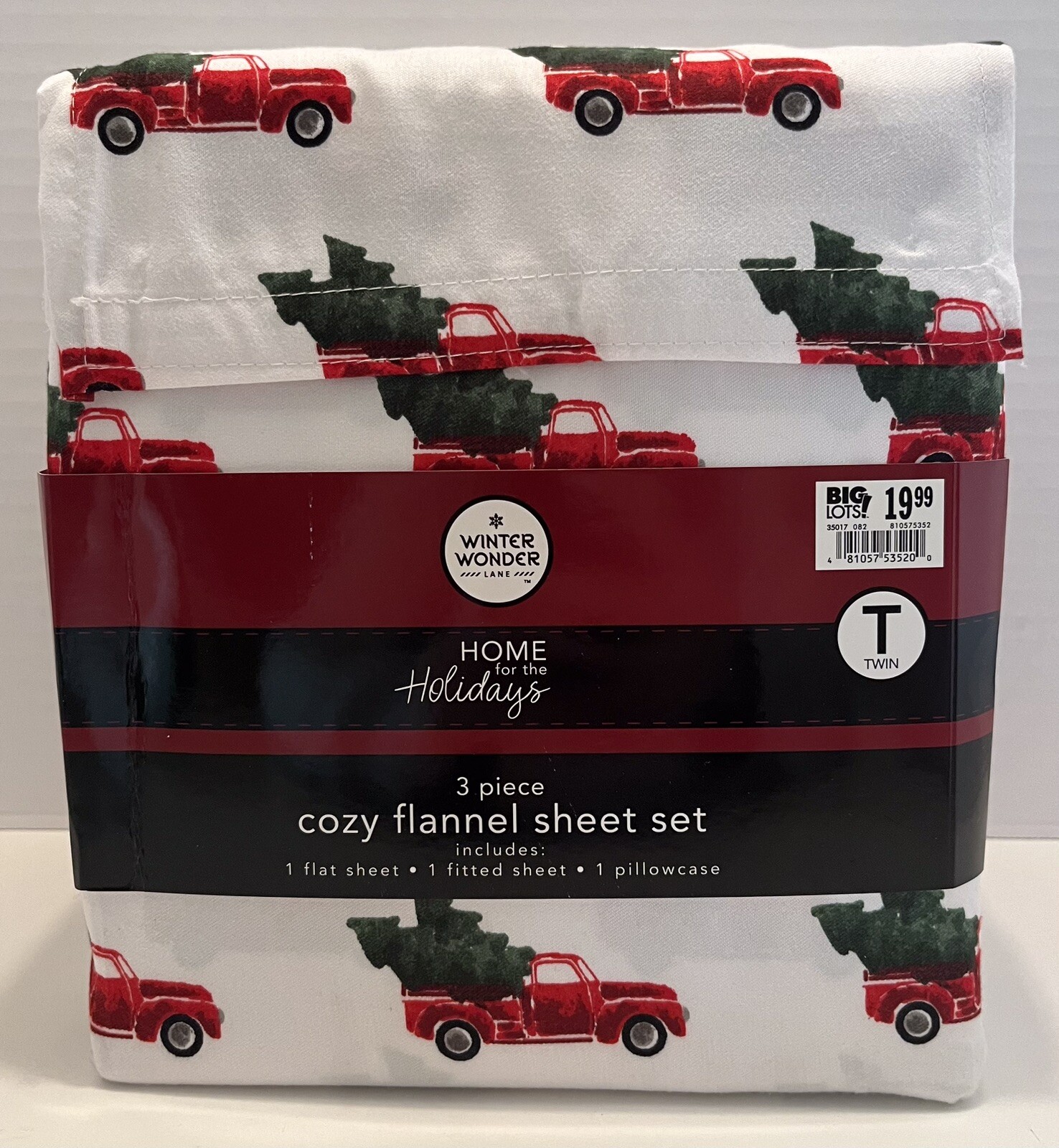 Winter Wonder Lane 3 Piece Twin Sheet Set - Red Truck Green Trees 100% Polyester