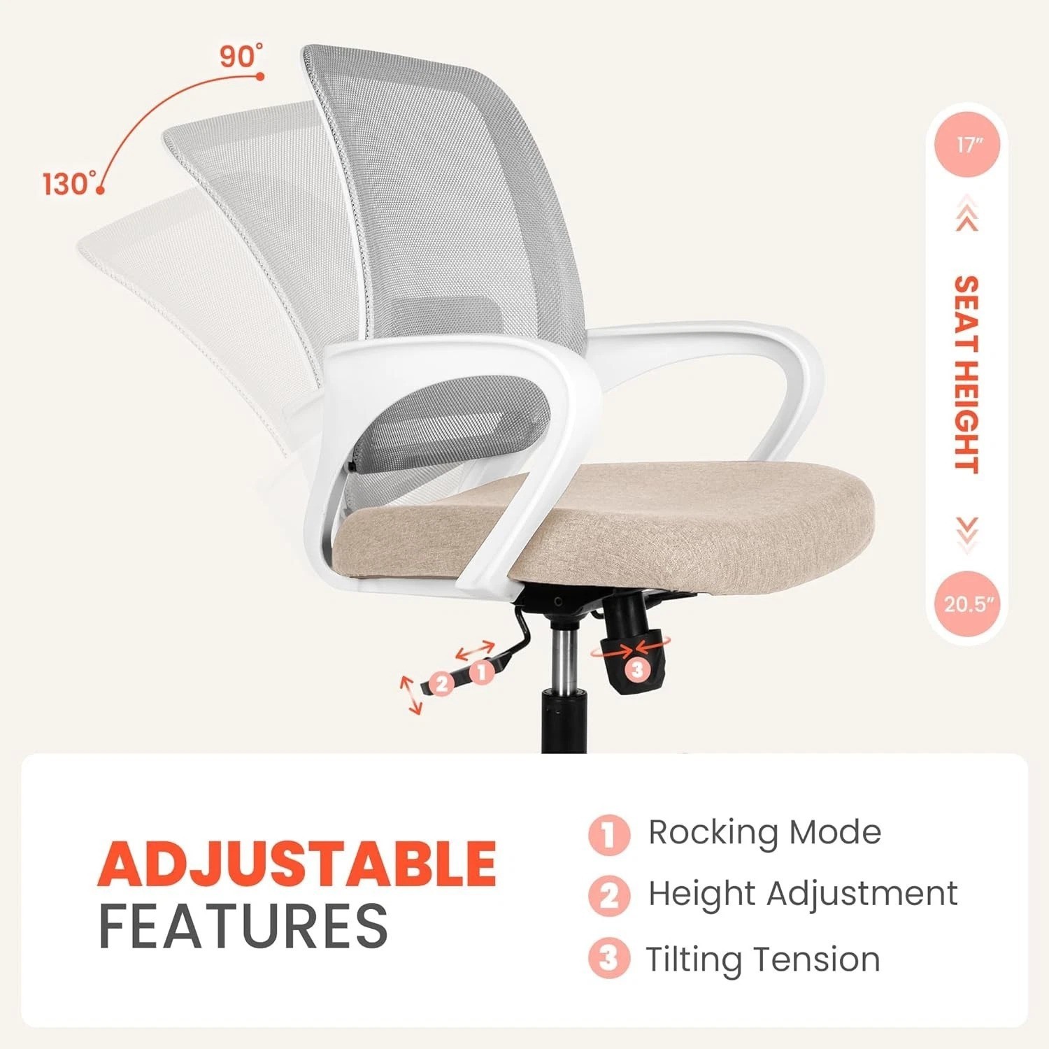 Adjustable Height Rolling Office Chair with Lumbar Support - Comfy Beige Design