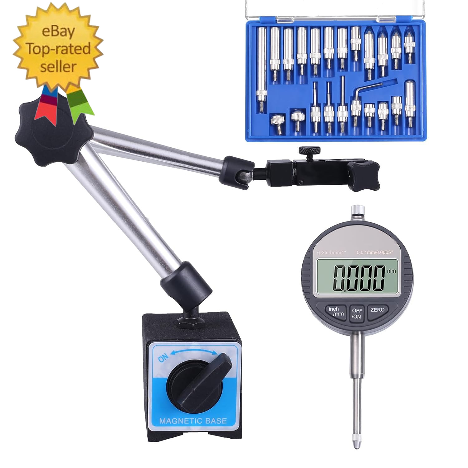 Electronic Digital Dial Indicator with Magnetic Base Holder Fine Adjustable Long