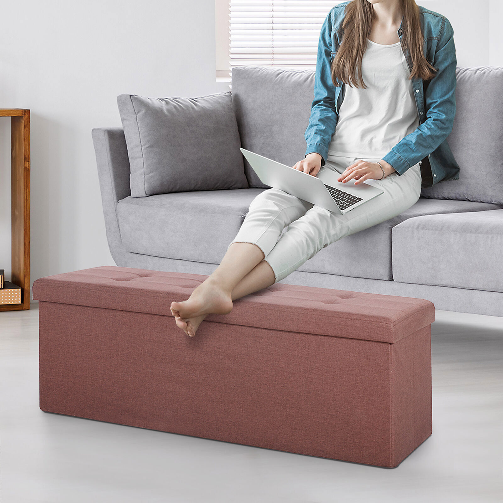 43 inches Folding Storage Ottoman Bench Foot Rest Stool Entryway Brown