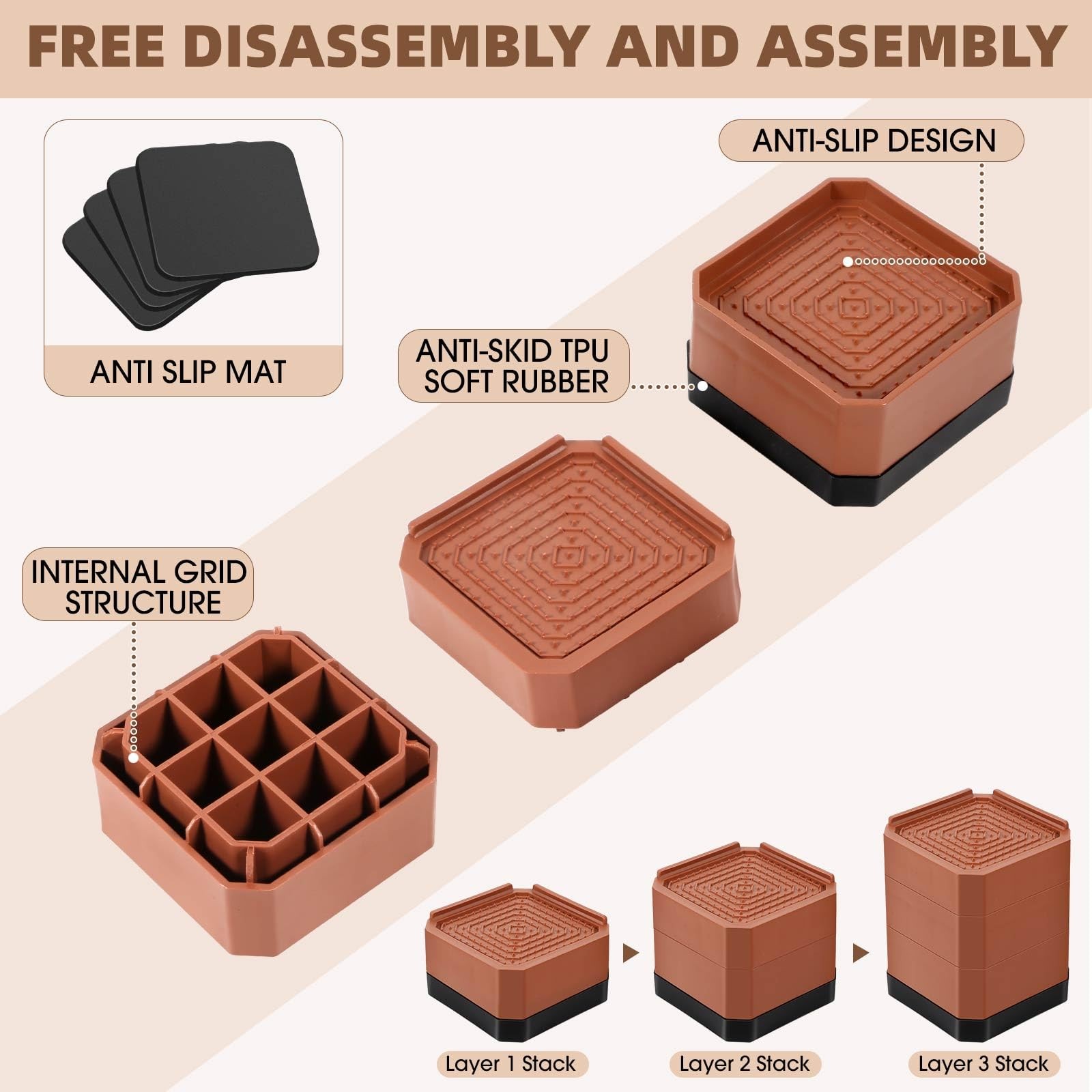 Furniture Risers Bed Risers Rectangular Adjustable Block Brown 3 Inch