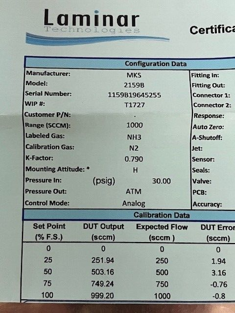 MKS 1159B-02000RV-SPCAL Mass Flow Controller, MFC, 1 SLPM, NH3