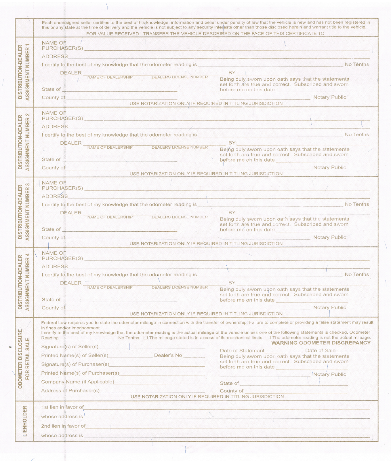 10 BLANK Certificate of Origin MSO MCO Form - Bikes Trikes Trailers Dune Buggies