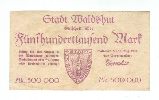 GERMANY BANKNOTE 500000 MARK STADT-WALDSHUT 1923