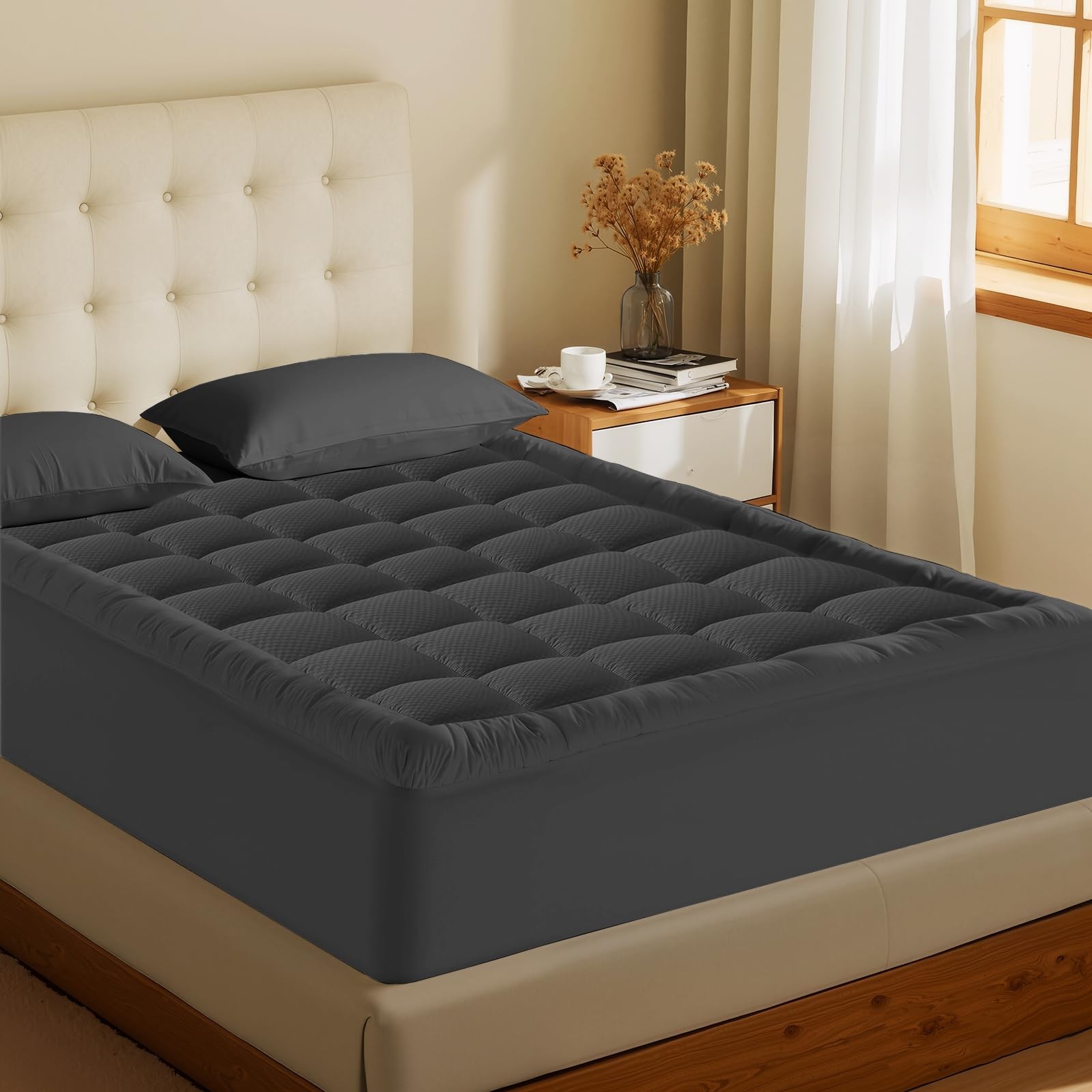 MATBEBY King Size Mattress Pad - Cooling King, Dark Grey - Checkered