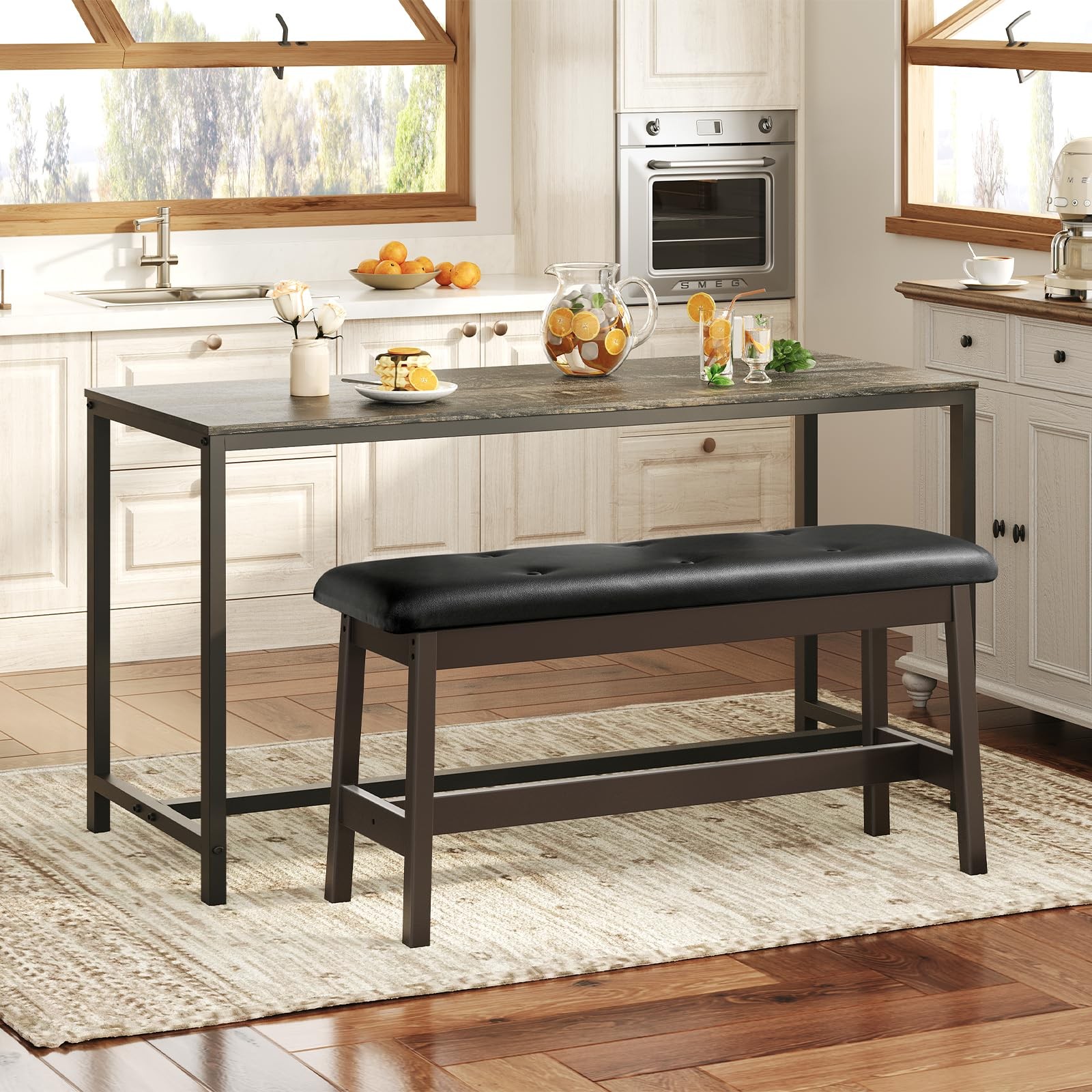 HOOBRO Dining Bench, Bamboo Dining Room Bench with PU Leather Upholstered Seat,