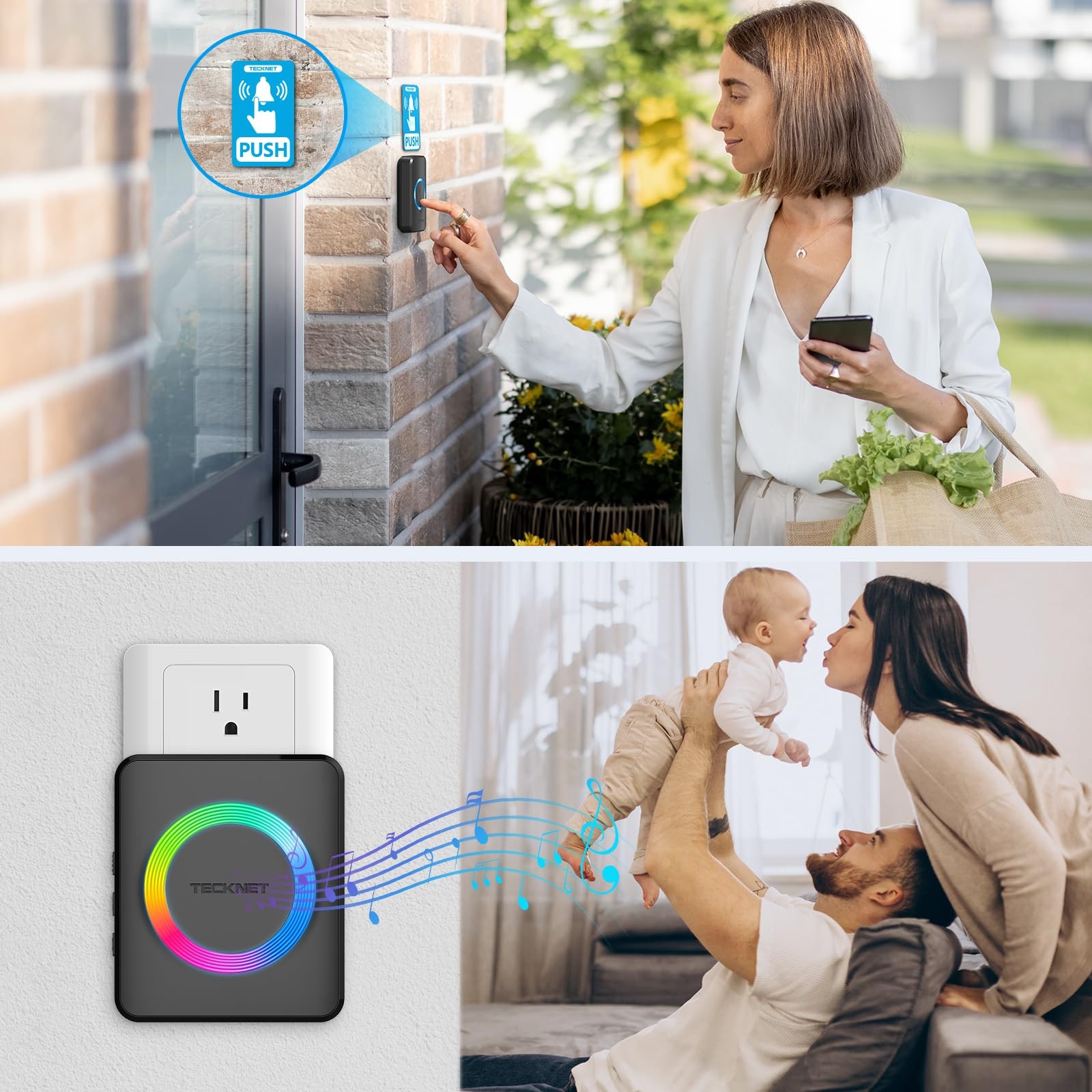 TECKNET Wireless Doorbell with 2 1 button & 2 plug-in receivers, BLack