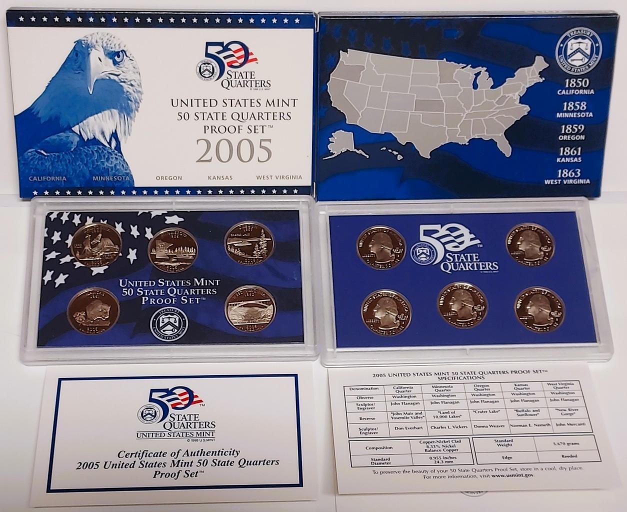 USA 2005 Clad Proof 5 State Quarter Coin Set - Lot of 2 sets - Free Shipping