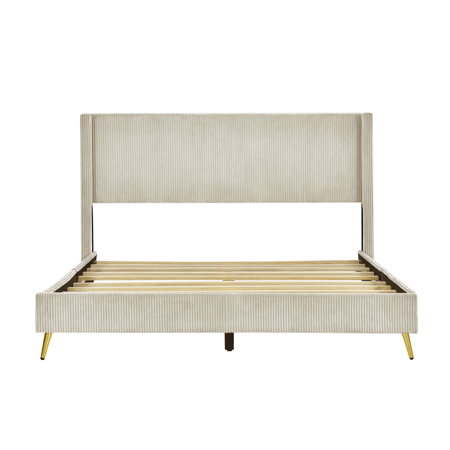 Queen Size Bed Frame Upholstered Platform Bed w/ Upholstered Headboard Beige