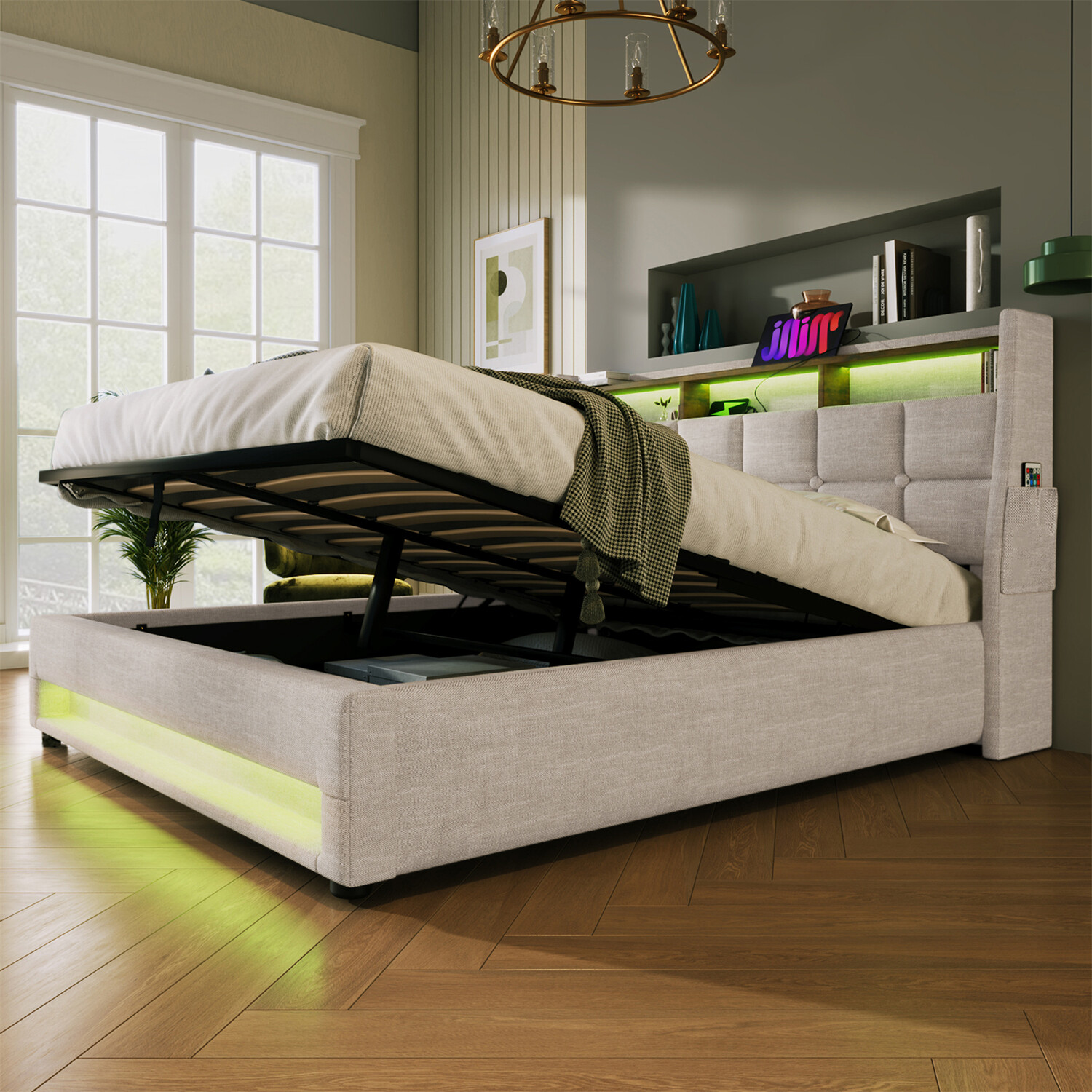 Queen Size LED Bed Frame Upholstered Platform Bed w/ Hydraulic Storage System US