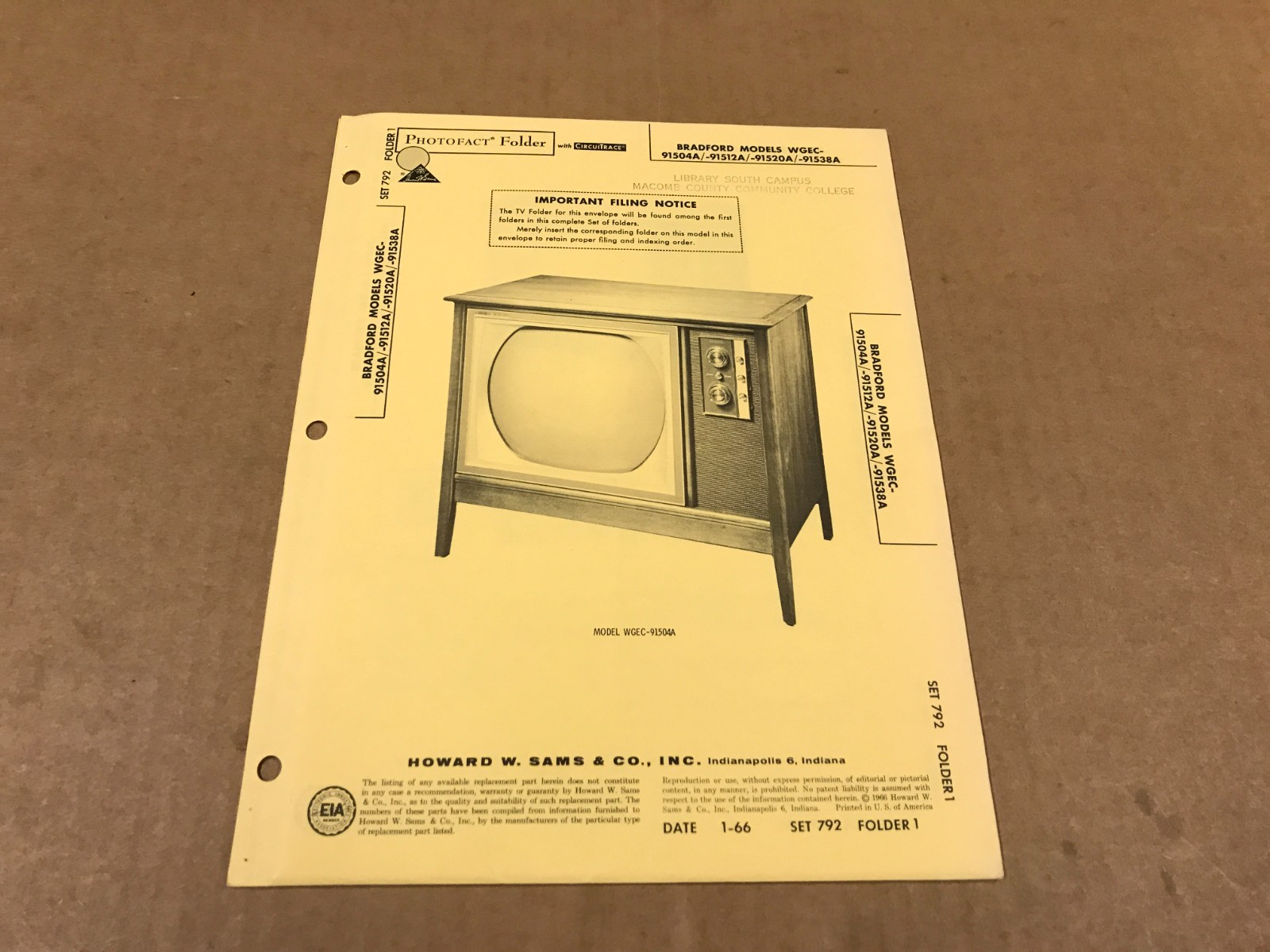 Vintage Photofact Folder - 792-1 - Bradford TV Models WGEC-91504A/91512A