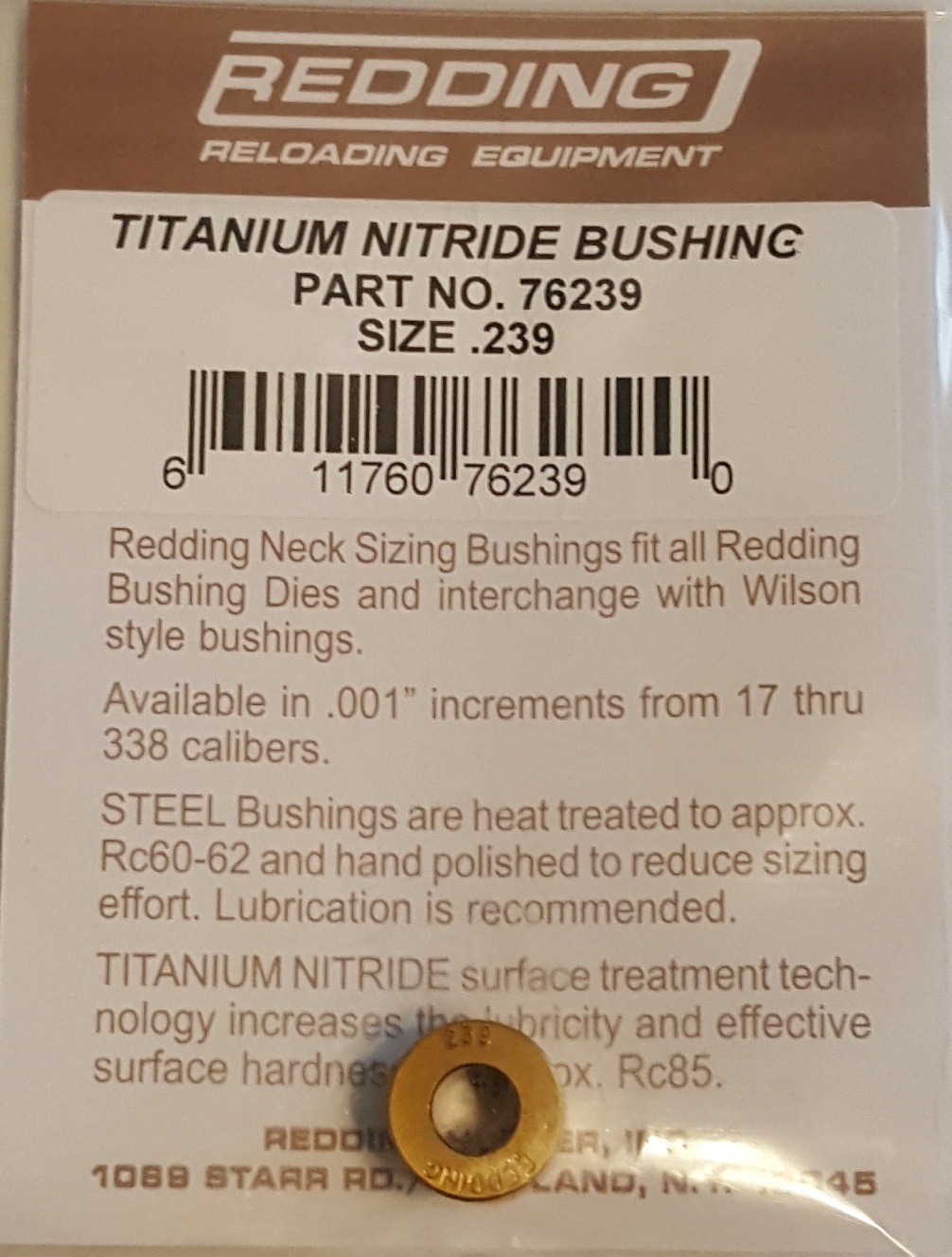 76239 REDDING TITANIUM NITRIDE .239 NECK SIZE BUSHING - BRAND NEW - FREE SHIP