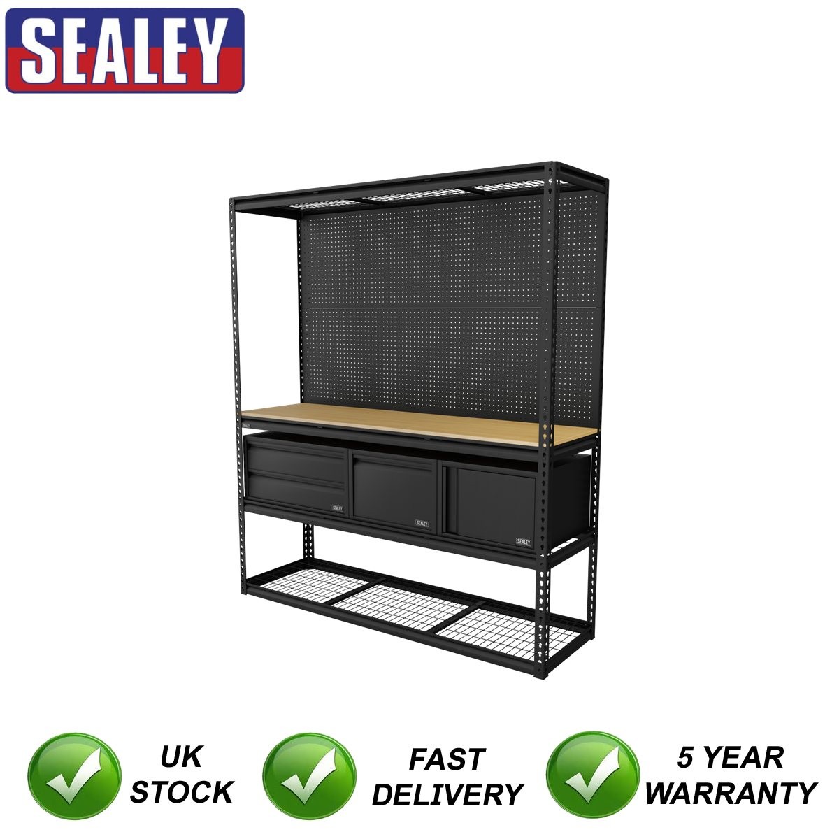 Sealey Heavy-Duty Modular Workbench & Racking Kit with 3 Storage Units