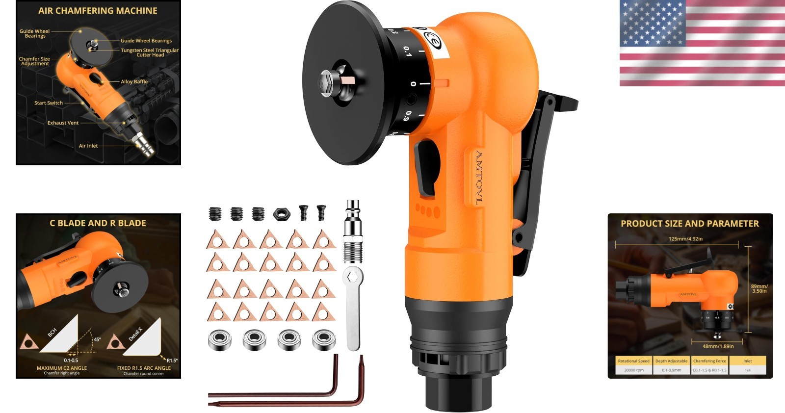 Air Chamfer Tool with Adjustable Depth - 1/4 Inch Inlet for Diverse Applications