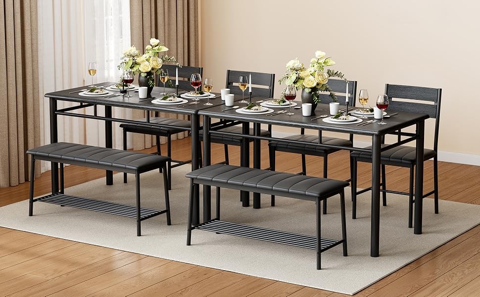 Dining Table Set for 4, Kitchen Table with Upholstered Bench and 2 Chairs,