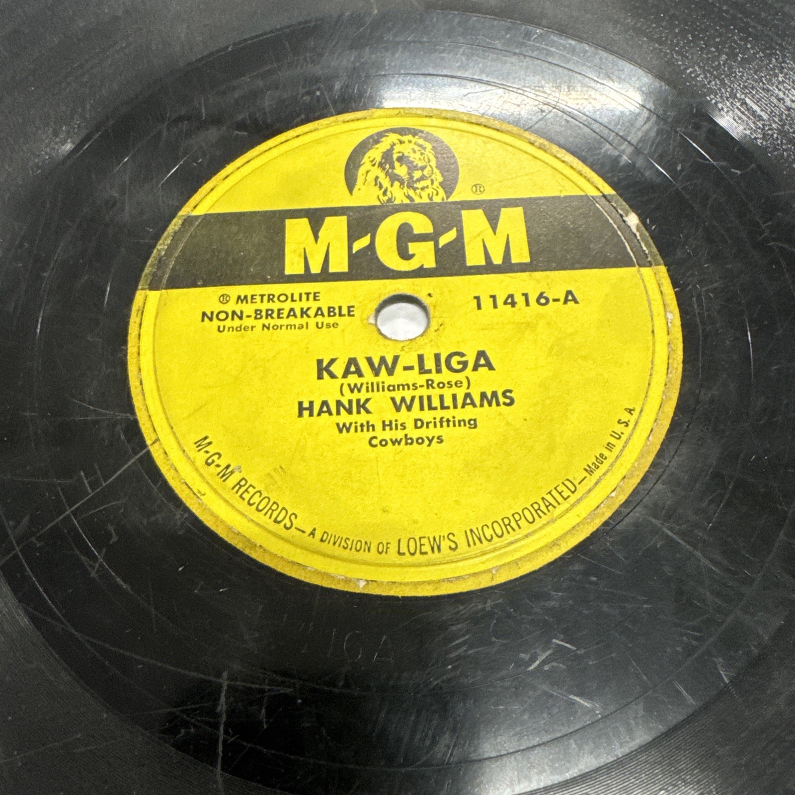 MGM 78 RPM Hank Williams - Kaw-Liga / Your Cheatin Heart 11416 V