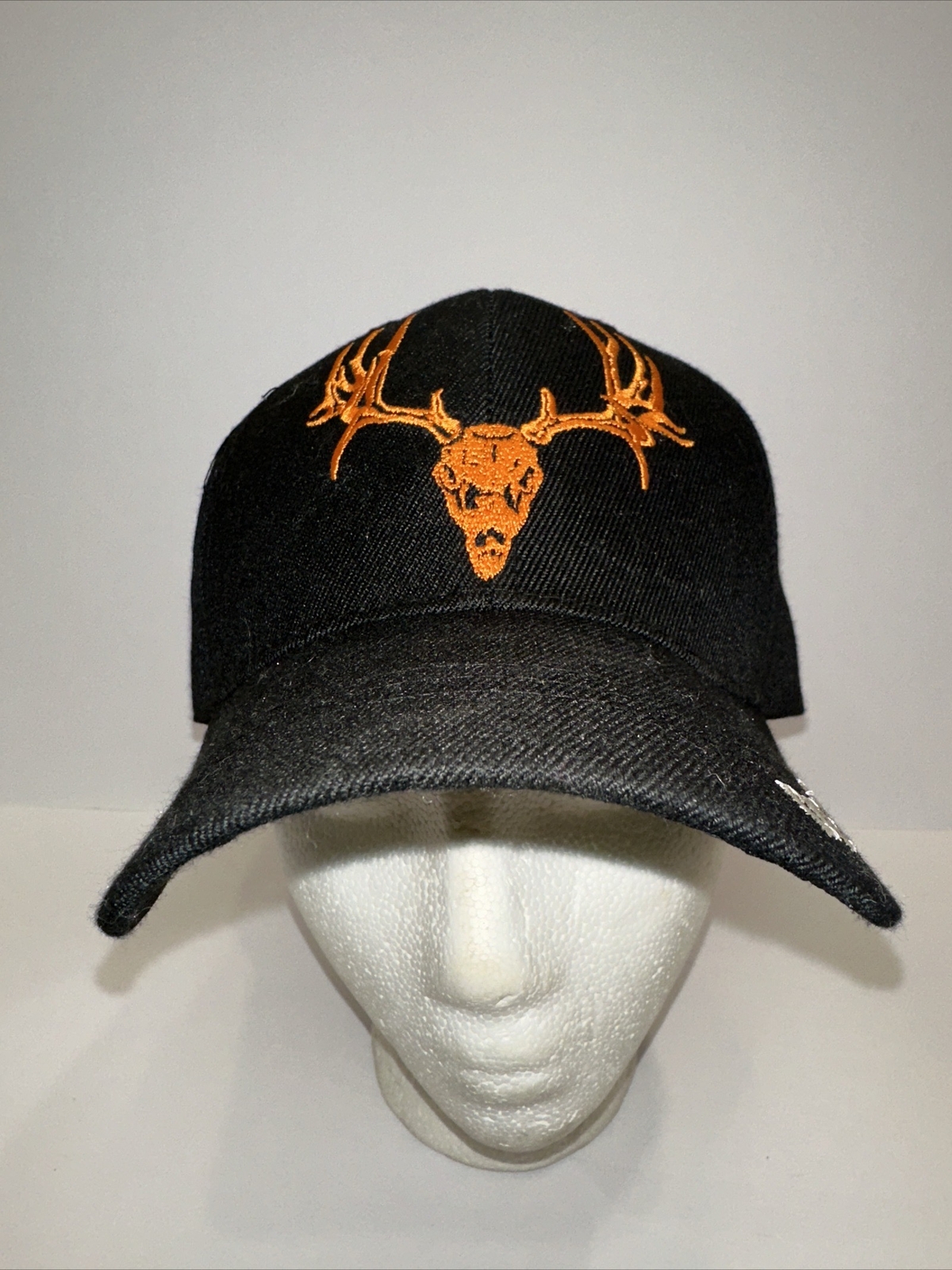 DEER Black Hat Cap Embroidered Orange Buck w Antlers Hook Loop