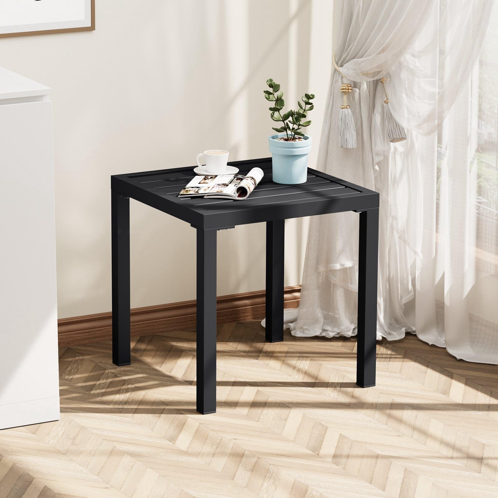 Outdoor Side Table, Black Small Square Metal End Table with Easy Assembly, We...