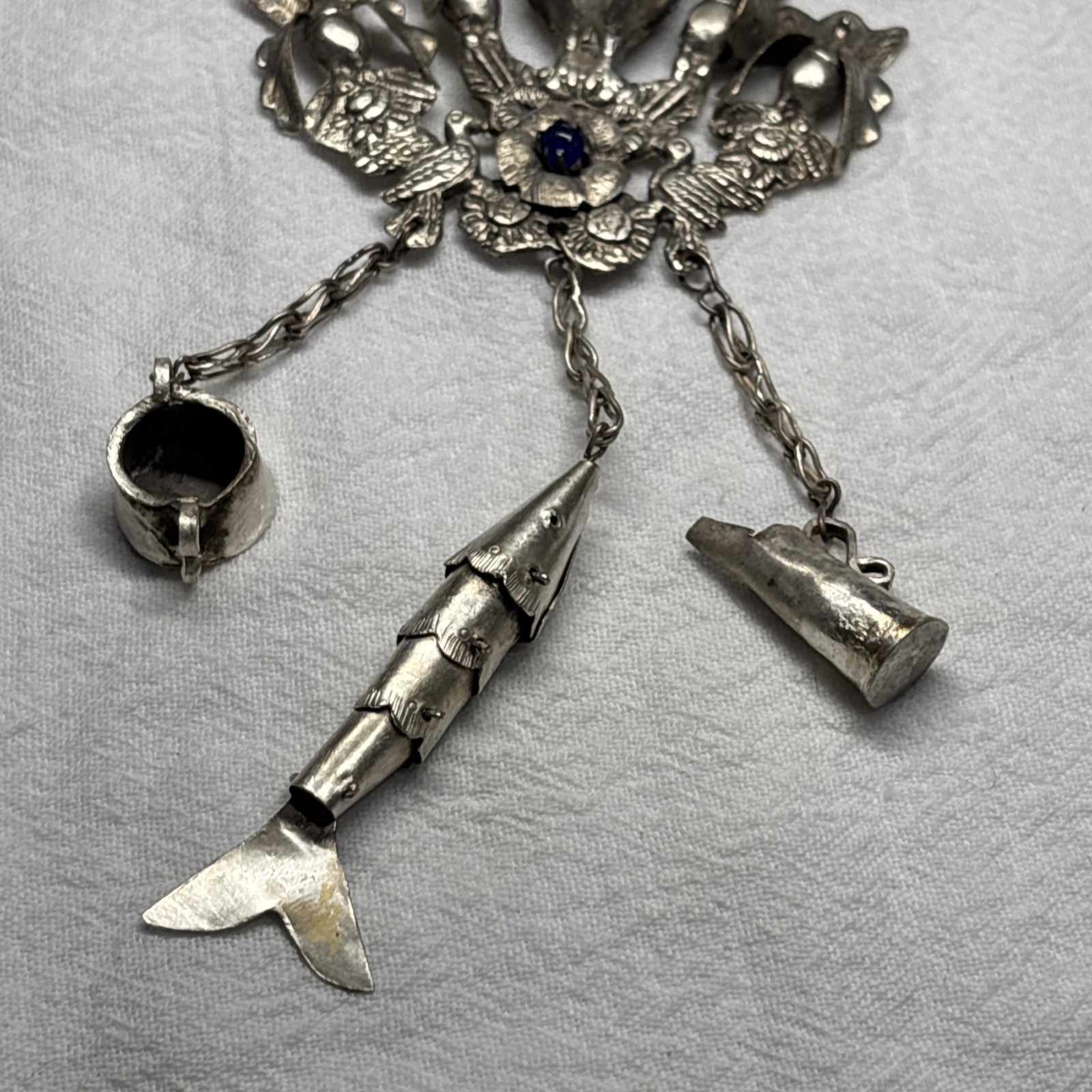 Vintage Peruvian Peacock Tupo Shawl Brooch w/Dangling Fish, Pot, Pitcher.