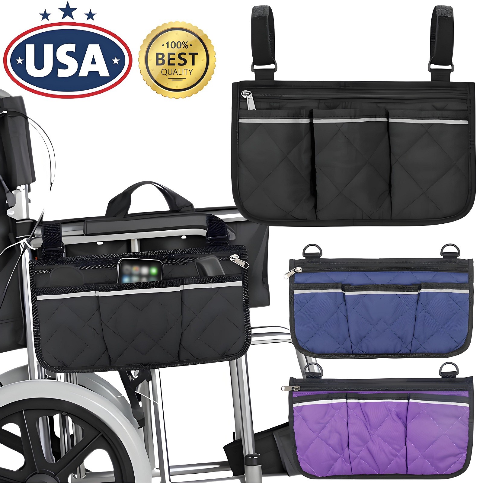 New Outdoor Wheelchair Side Pouch Storage Bag Armrest Pocket Organizer Holder US