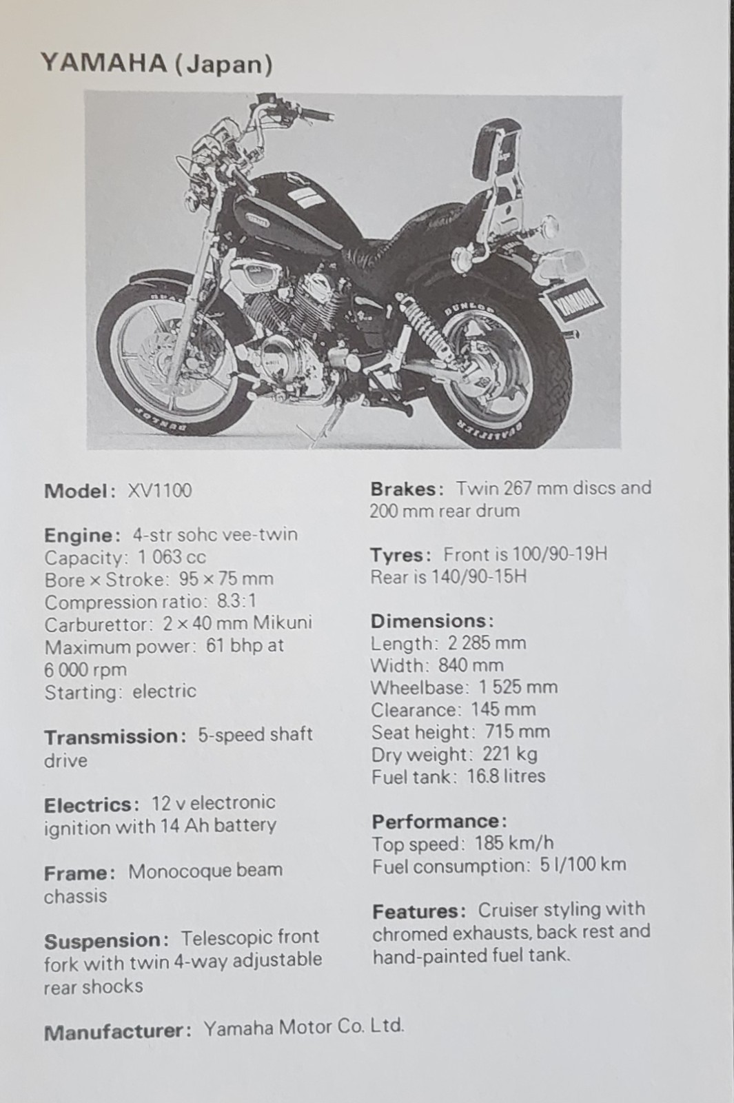 Yamaha Motorcycle Picture Original Vtg Info Bike Sheet