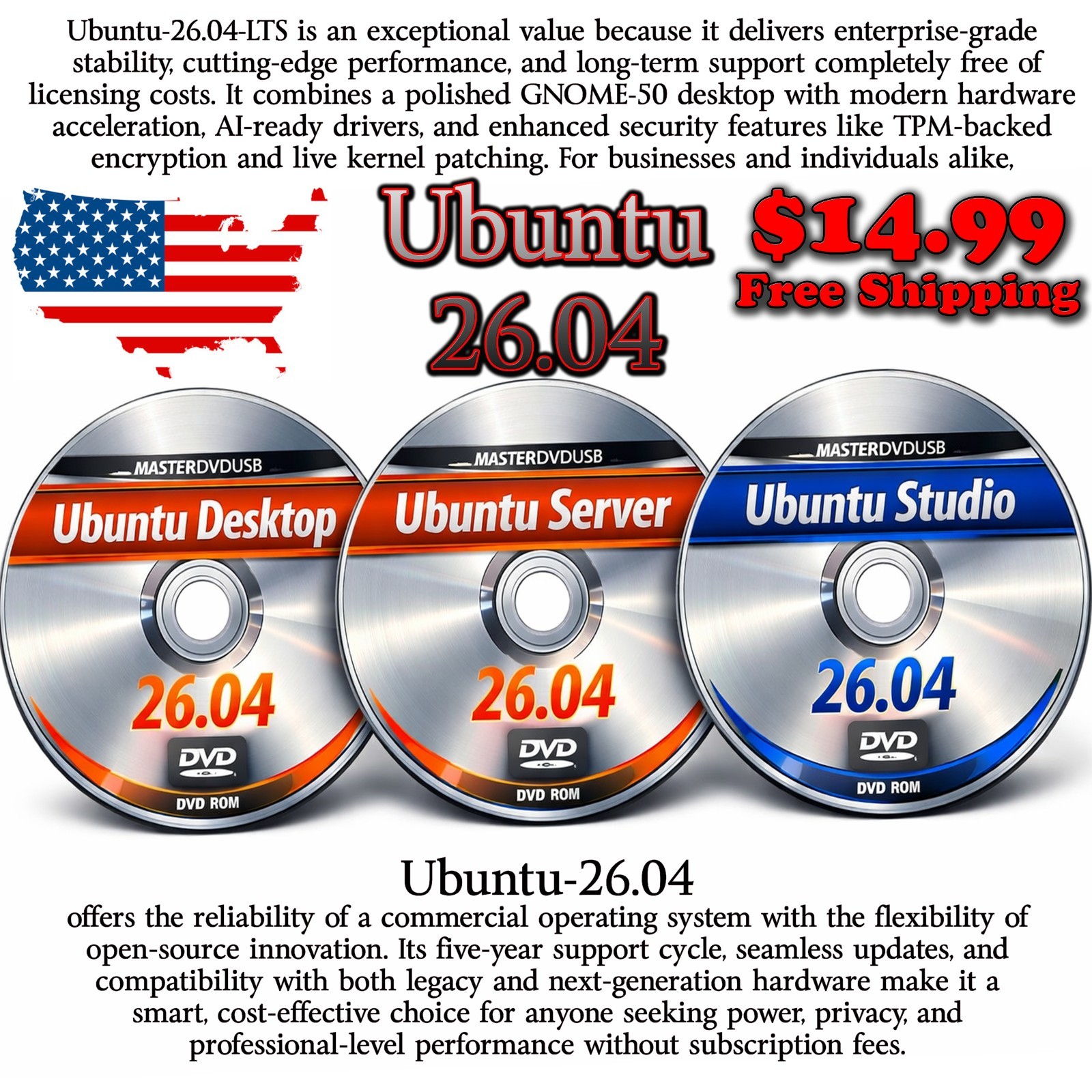 Ubuntu 26.04 LTS – 3 DVD Set Desktop - Server - Studio Edition - Grade AAA+