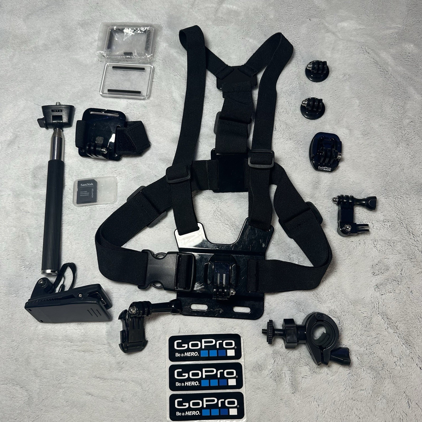 GoPro Accessory Bundle Chest Mount Head Strap Selfie Stick Mounts + Case Lot