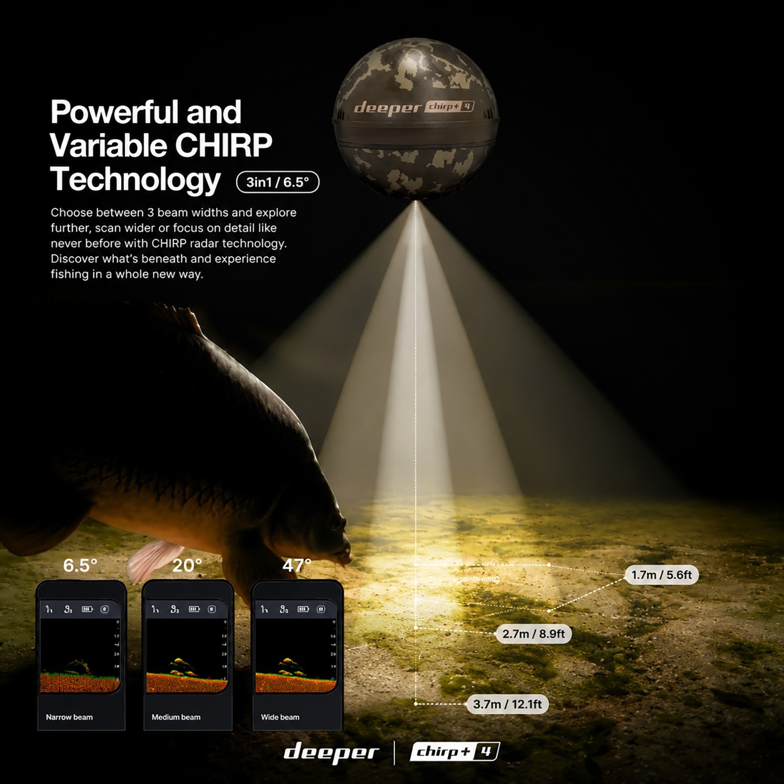 Deeper Chirp +4 Smart Sonar Fish Finder AI Mapping 1cm Target Depth Precision