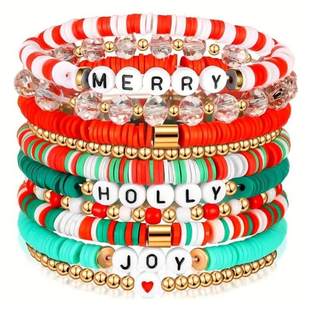 10-Pack Christmas Holiday Bracelet Set - Festive Polymer Clay Heishi Stretch Bra