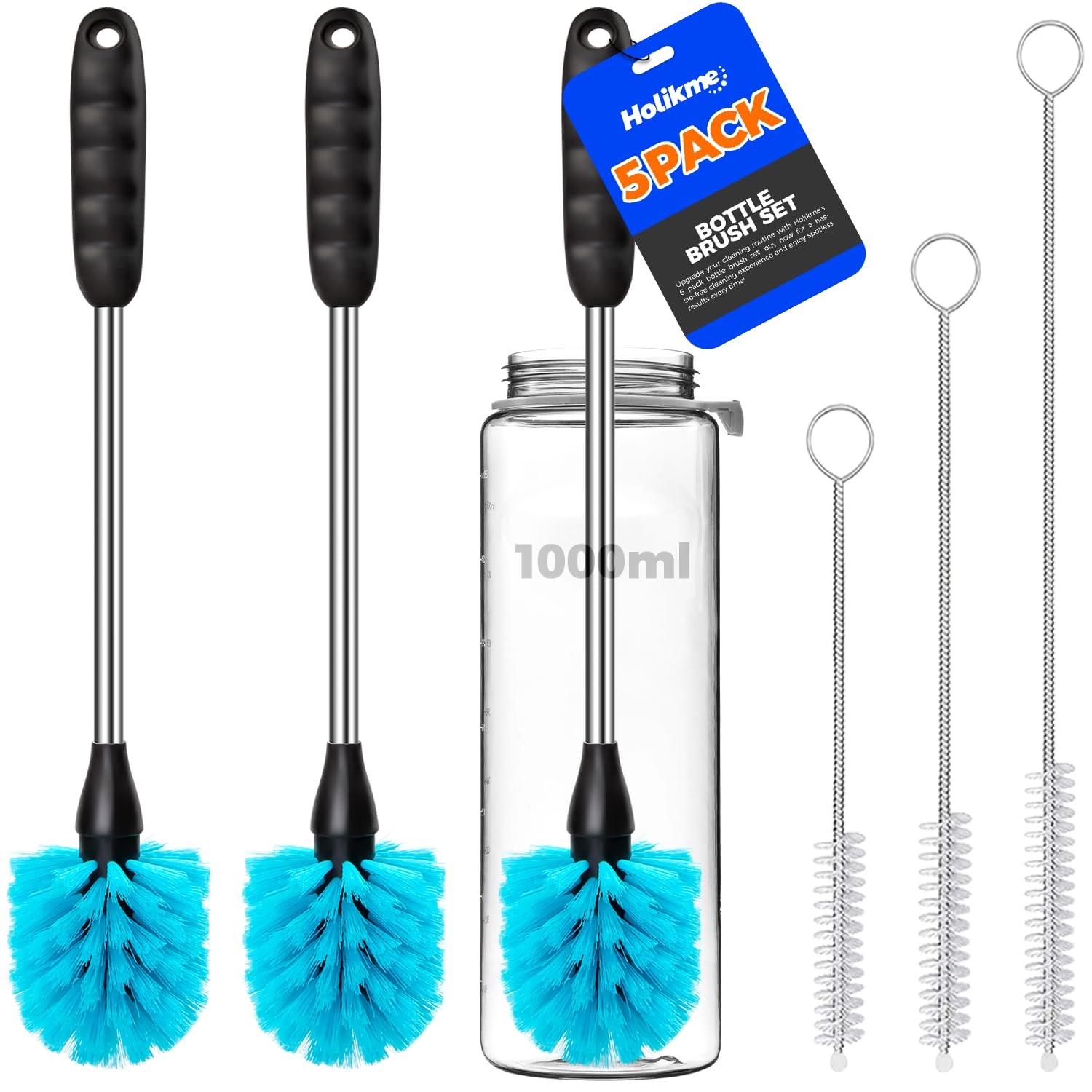 Holikme 5 Pack Bottle Brush Cleaner Set, 14" Long Handle 5Pack, Blue