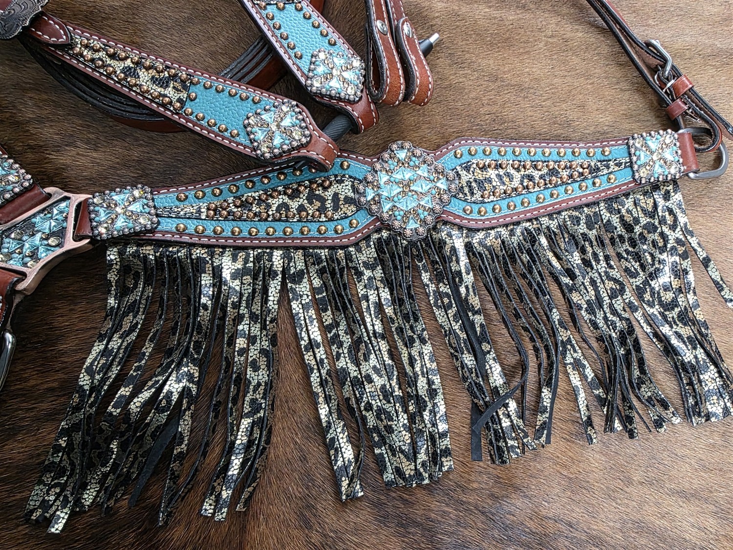 Western Headstall - Fringed Breastcollar - Reins - Metallic Leopard - Turquoise