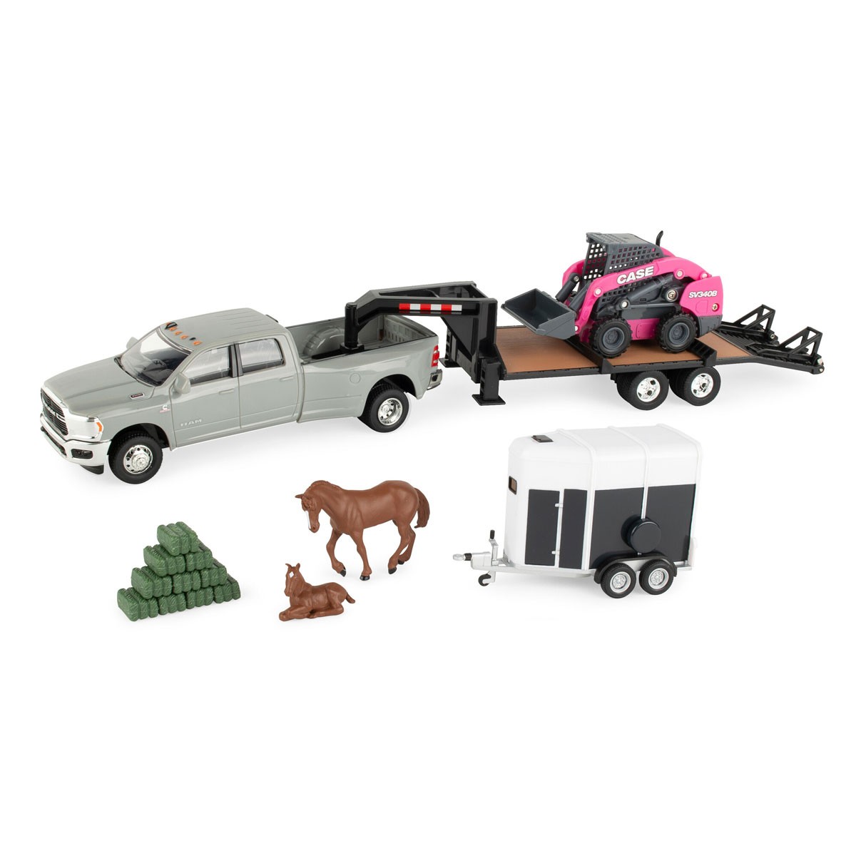 1/32 CASE SV340B Skid Steer on Flatbed Trailer with RAM Pickup & Accessories, ZF