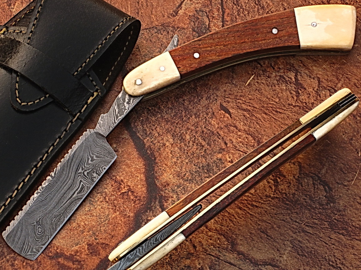 WHITE DEER Damascus Steel Straight Razor Camel Bone & Olive Wood Hand Shaving