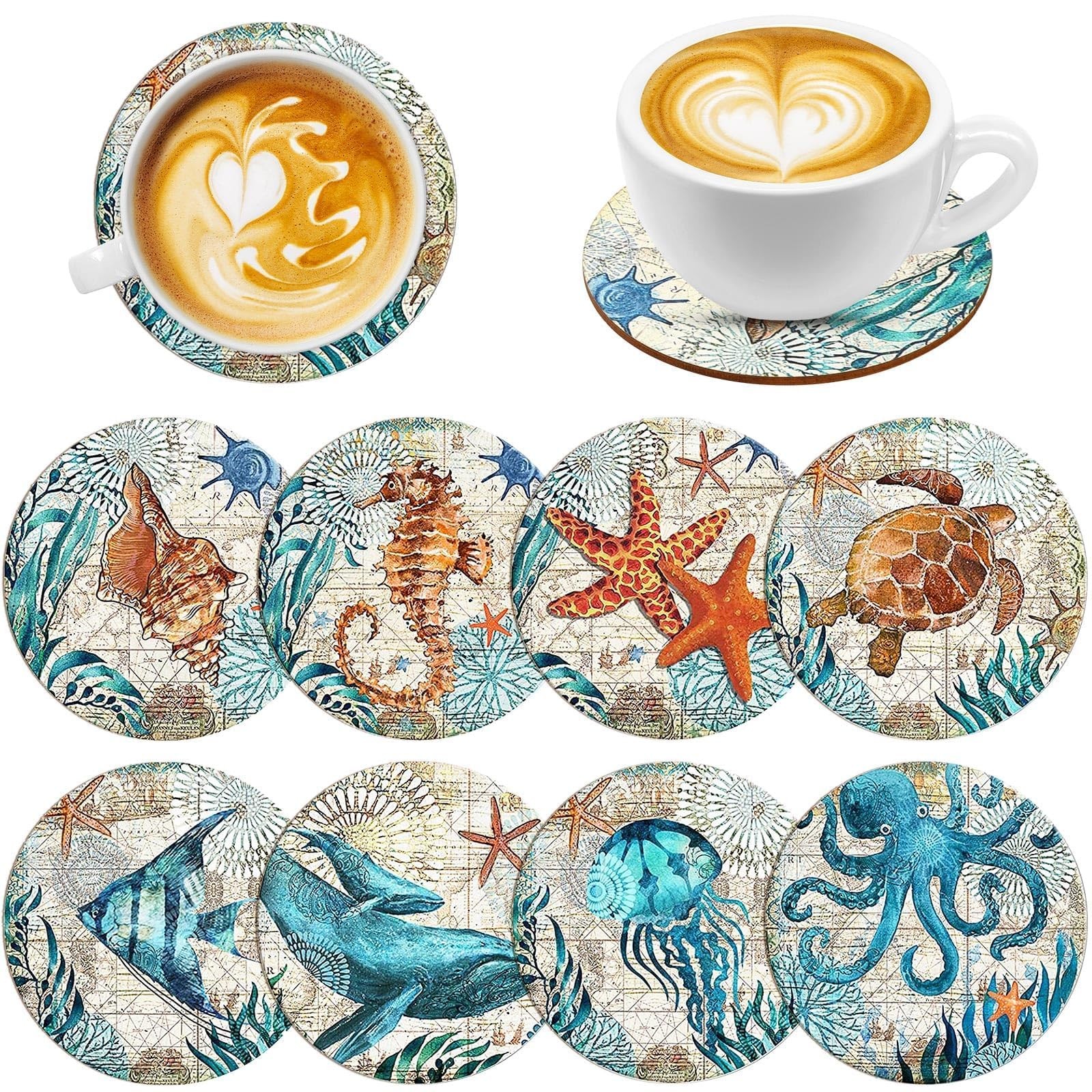 UPINS 8 Pieces Wooden Coasters for Drinks，Coastal Decor Ocean 4 inches, Blue