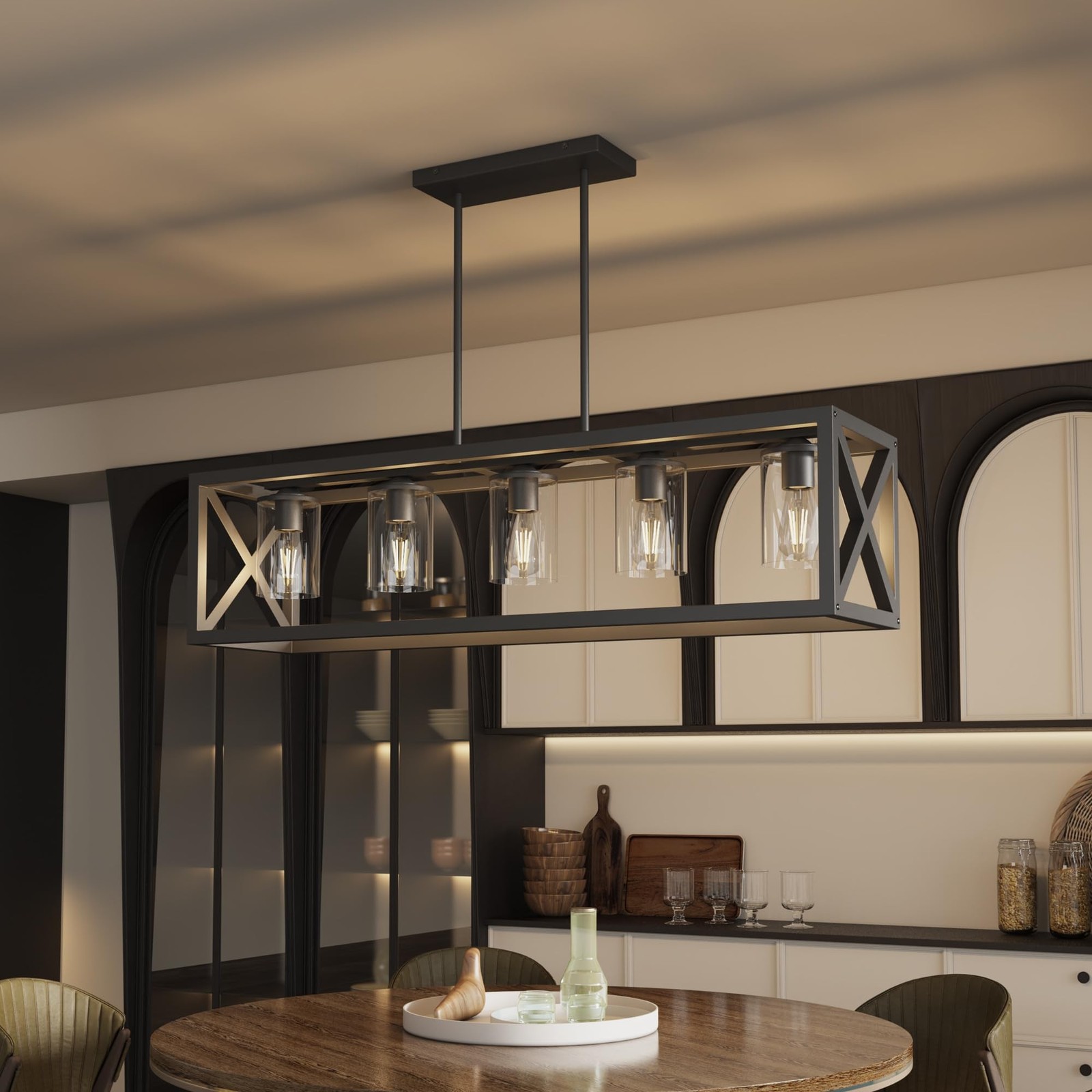 Espird Farmhouse Dining Room Light Fixture - 5 Light Matte Black Rectangle Li...