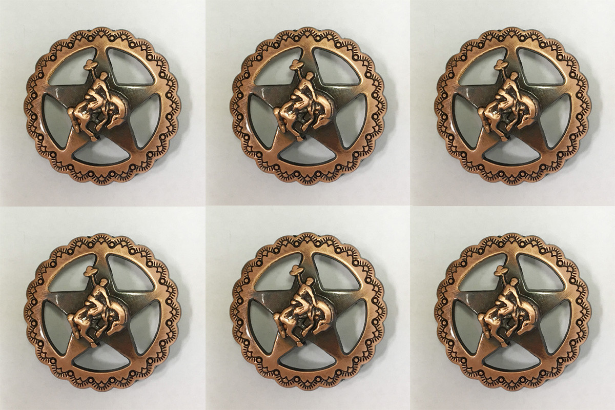Set of 6 WESTERN HORSE SADDLE TACK COPPER COLOR BRONCO RIDER STAR CONCHOS 1"