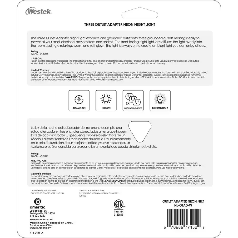 White Outlet Adapter LED Night Light with 3-Grounded Outlets