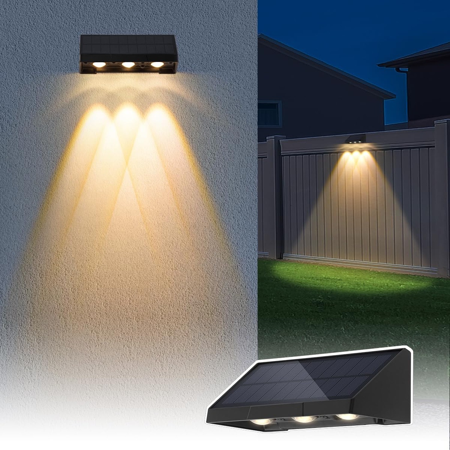 Solar Wall Lights Outdoor, 3 LED Lenses Fence Lights Solar Powered Outdoor Wa...