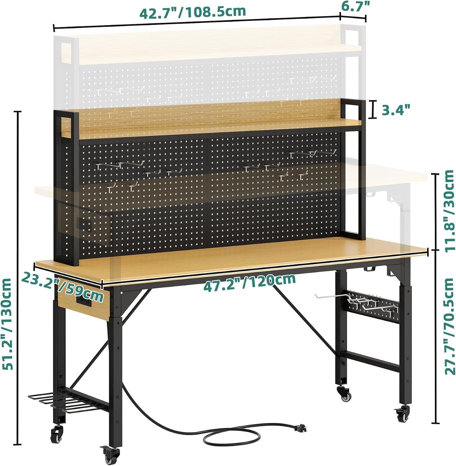 48" Adjustable Workbench with Pegboard Wheels 1600 LB Capacity Rolling Work