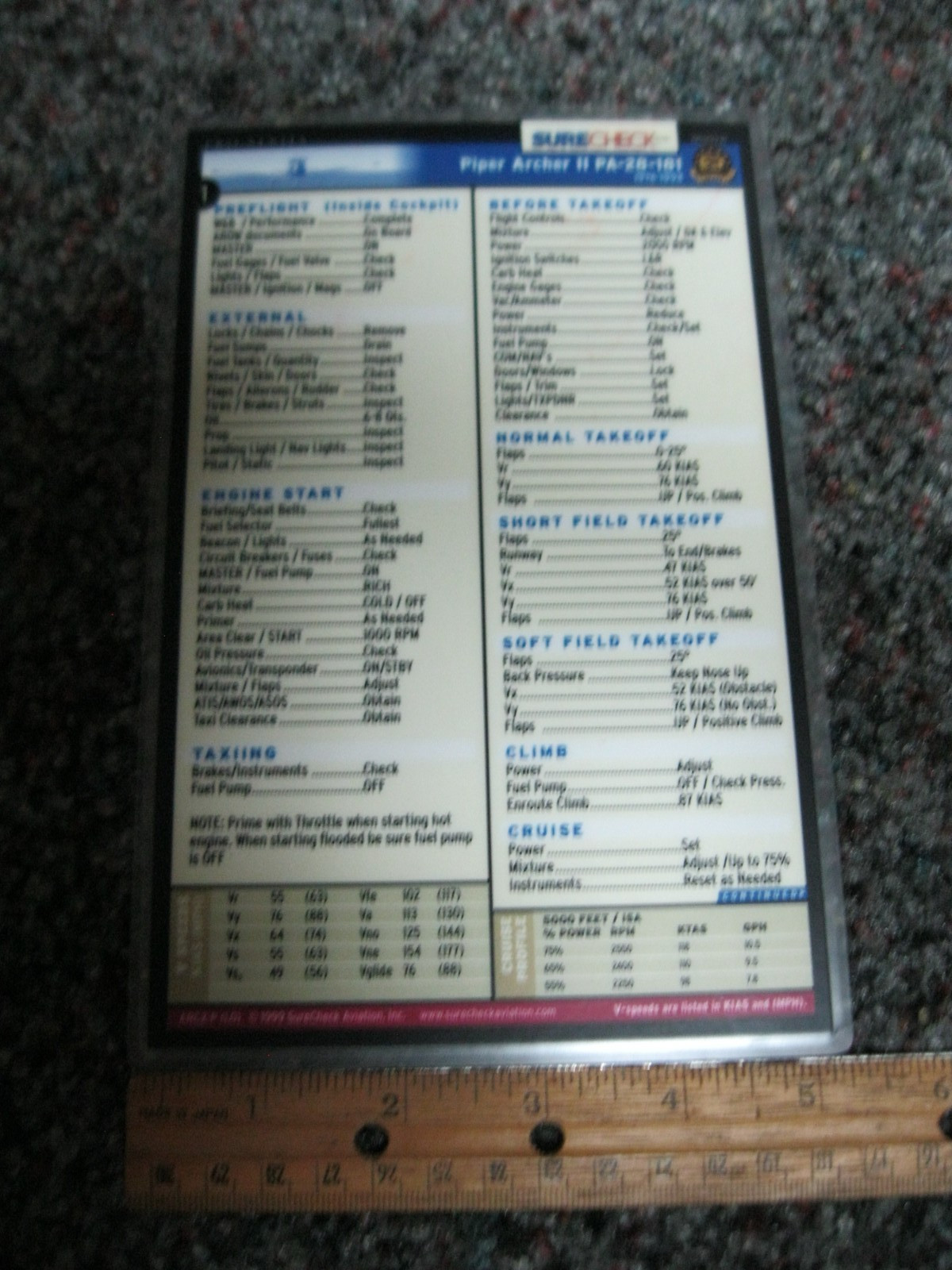 Surecheck Aviation laminated Checklist - Piper Archer II PA28-181 5 3/8 x 8 1/4