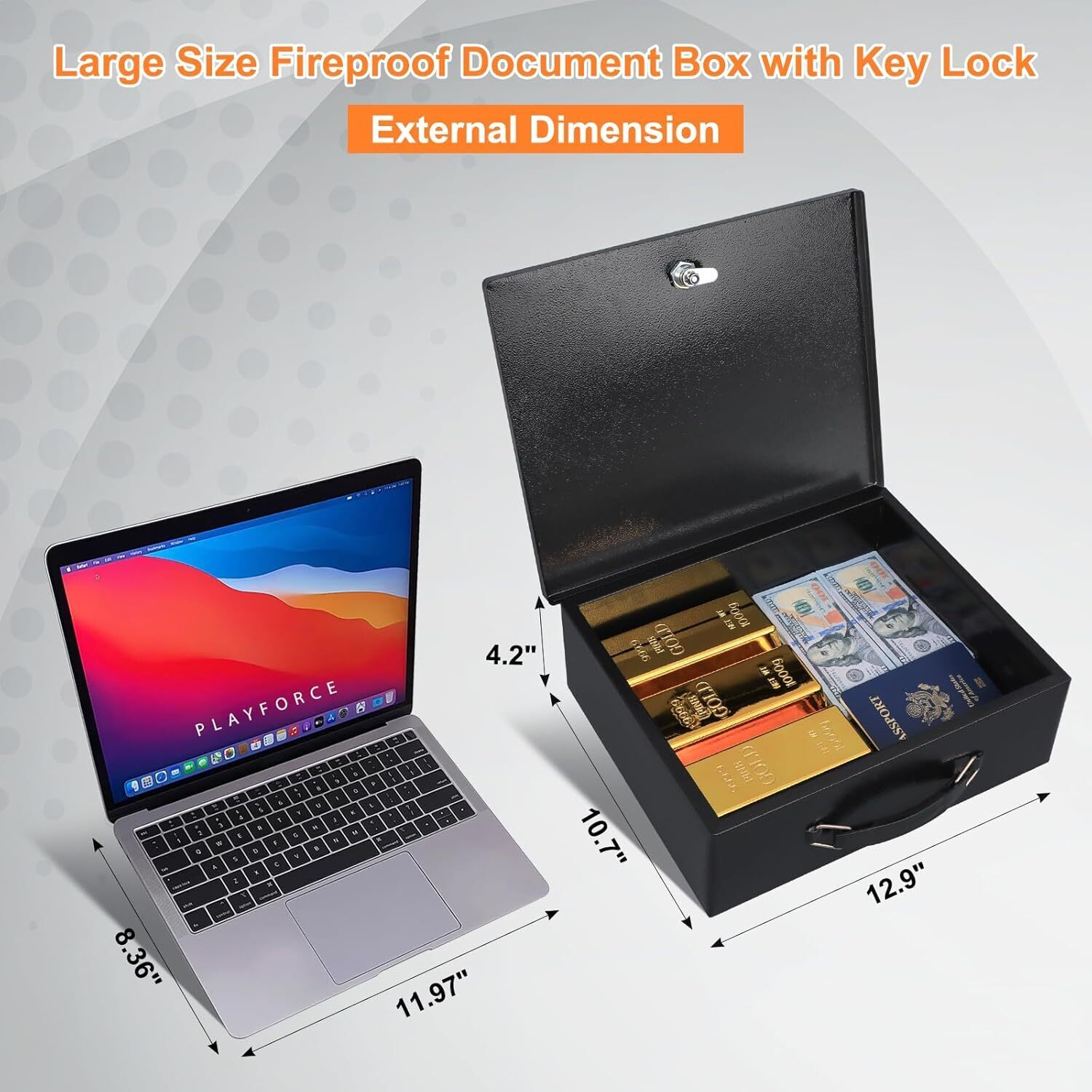 Fireproof Document Box w/ Key Lock Safe Storage Box for Valuables Security Chest