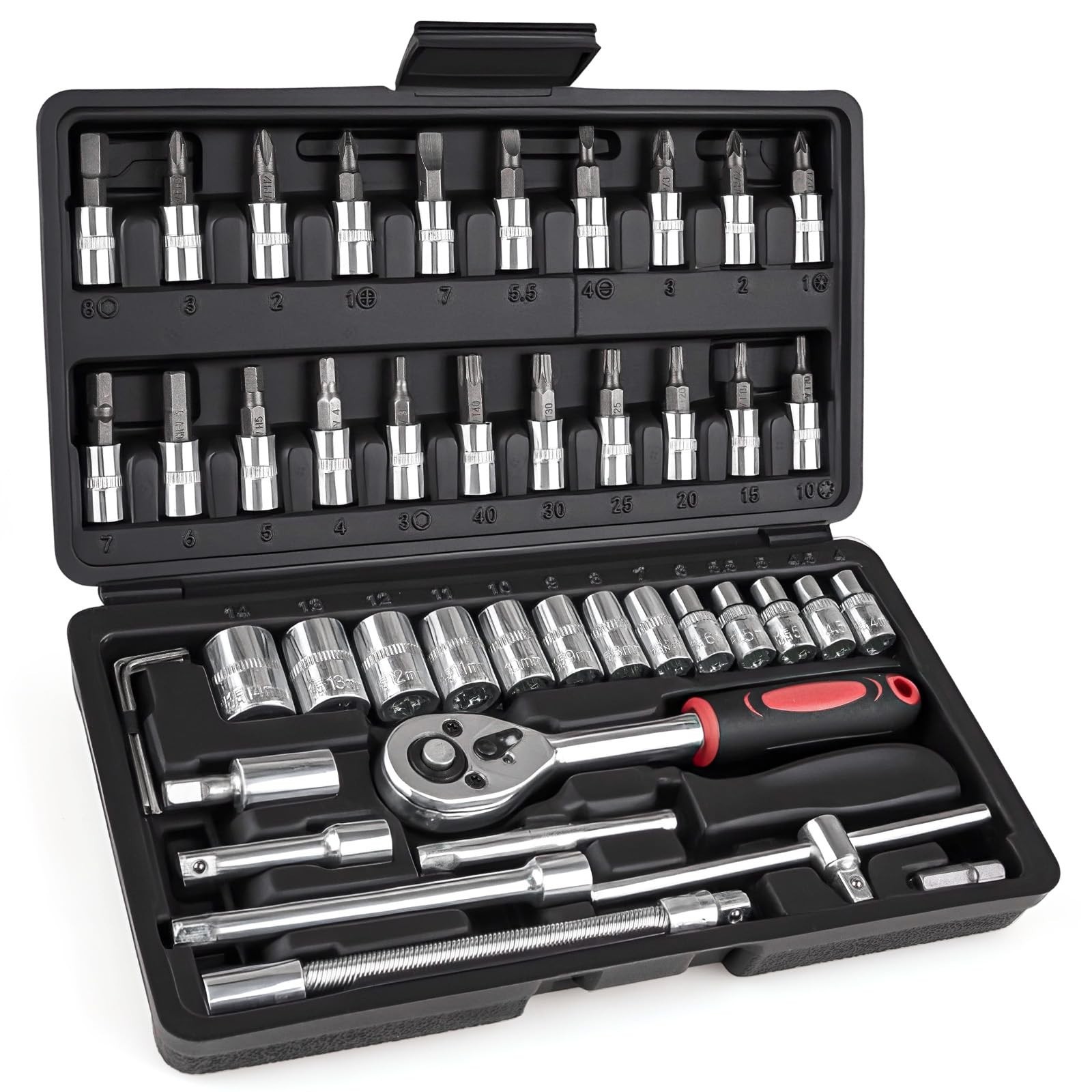 46PCS 1/4 Inches Ratchet Socket Wrench Set, Metric Socket Ratchet Wrenches Se...