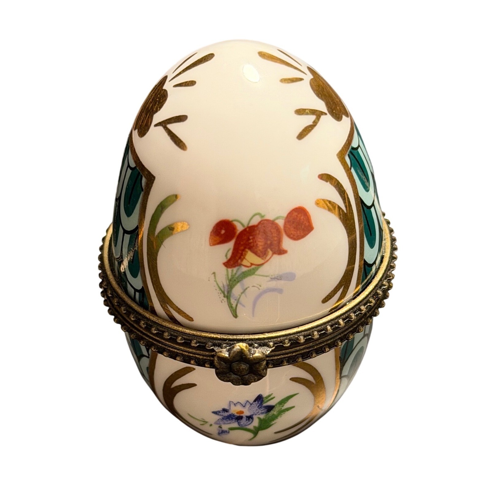 Rare! Vtg Hand Painted Porcelain Egg Trinket Box Floral Teal Gilded Gold Hinged
