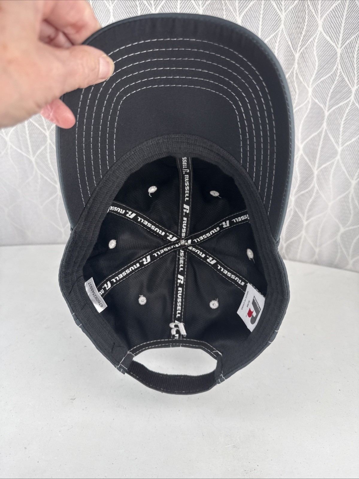Russell R White Shiny on Gray Blue Hat Cap S/M Hook Loop NWT