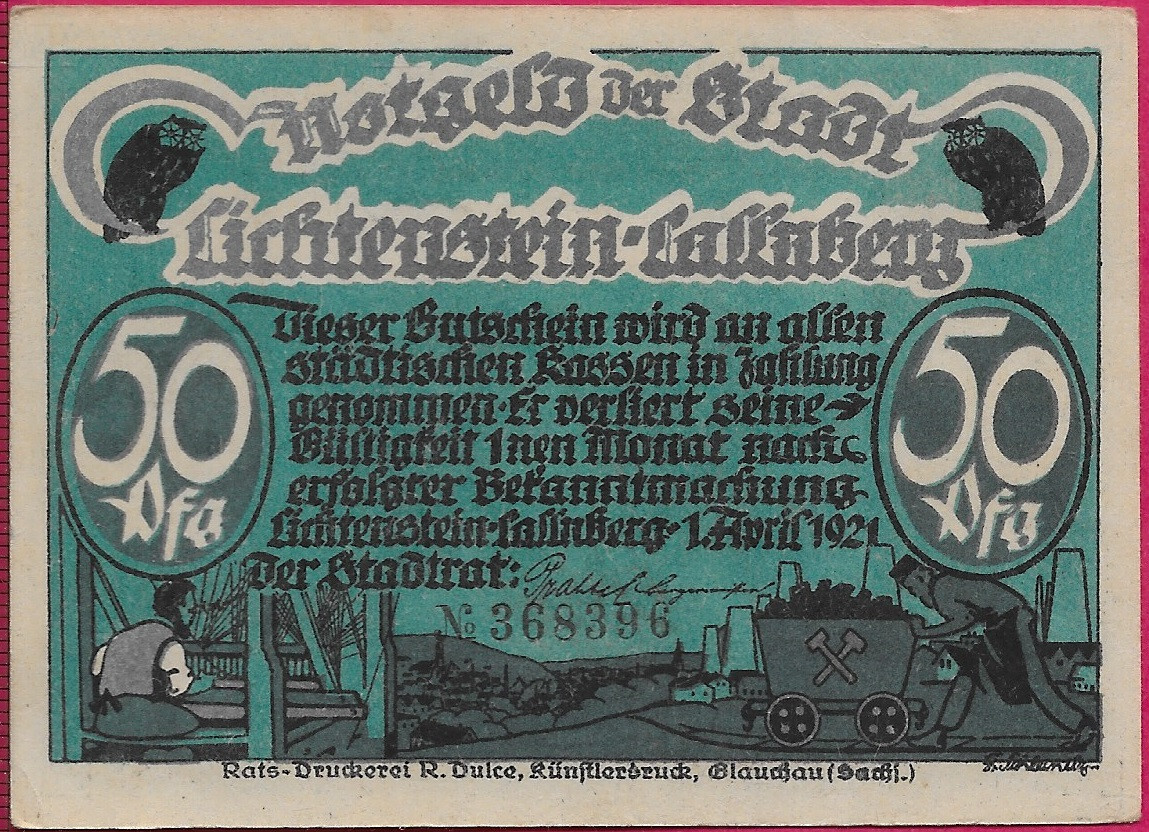 GERMANY NOTGELD,CITY OF LINCHTENSTEIN-CALLNBERG 50 PFENNIG 1921 FEDERAL STATE OF