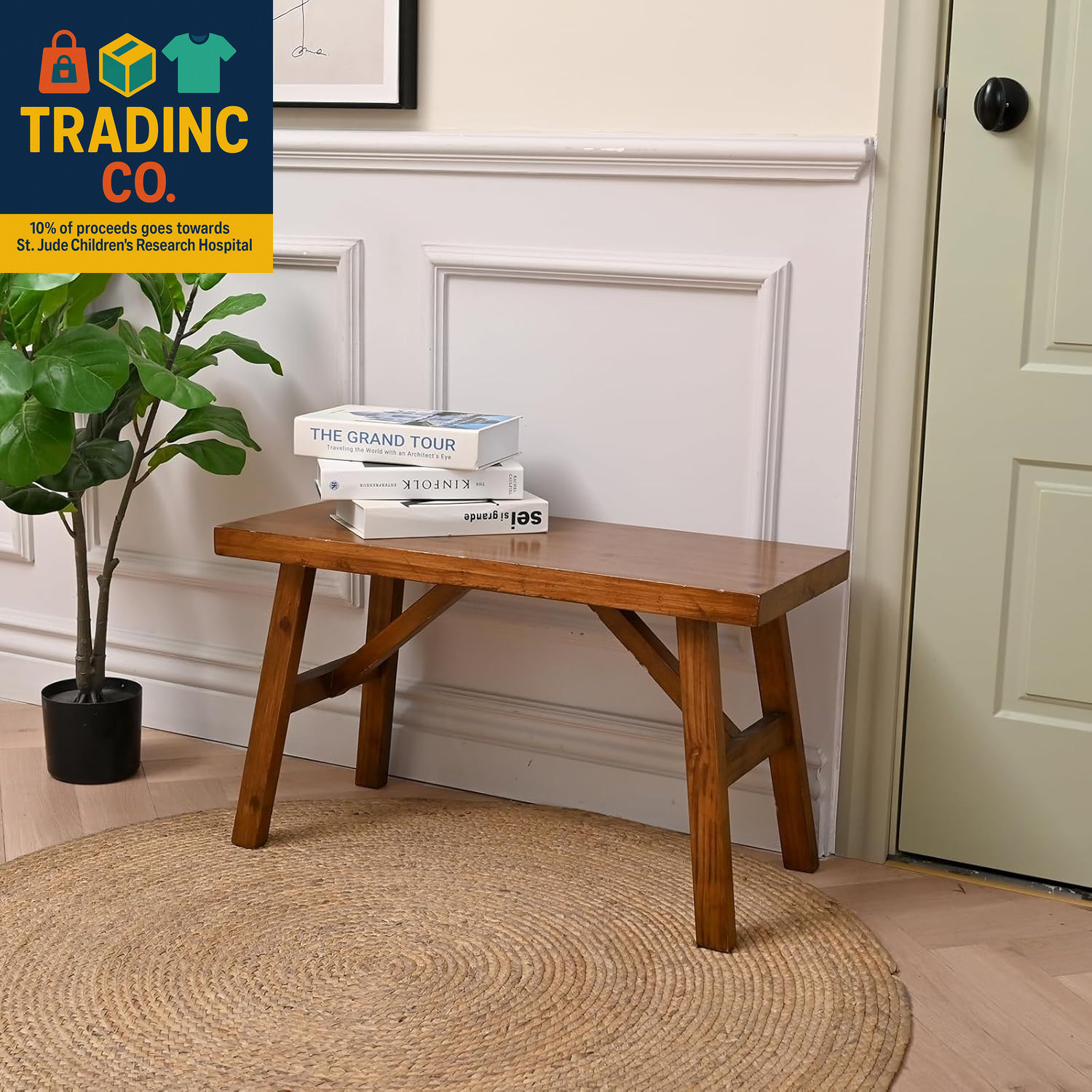 Handcrafted Solid Wood Bench, 30" - Farmhouse-Style Entryway Seating for Living