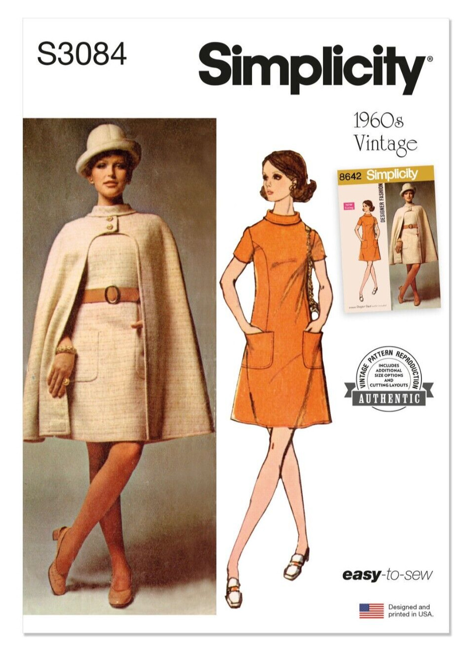 Ladies Vintage 1960s Chic Cape Dress Simplicity Reissue Pattern S3084 6-14/14-22